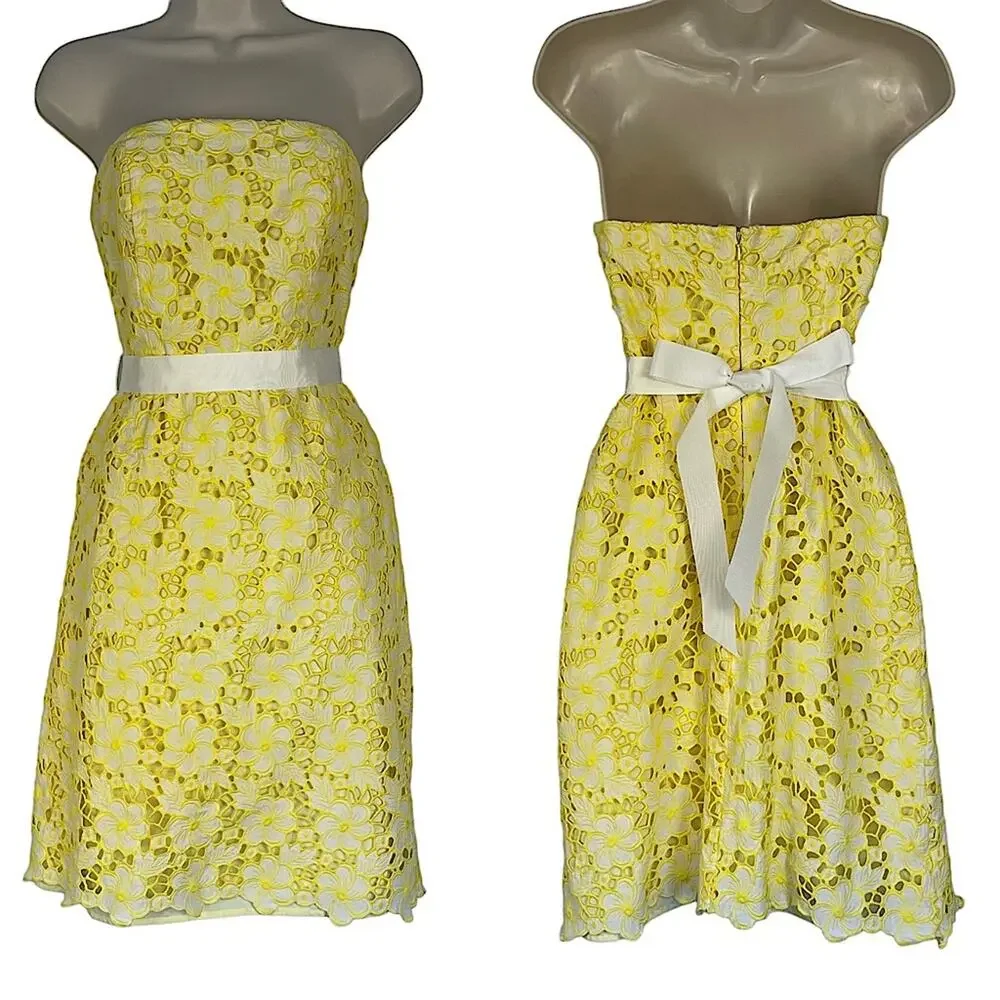 Lilly Pulitzer Vintage 90's Strapless Sienna Yellow Floral Eyelet Dress Size 2 - Picture 2 of 8